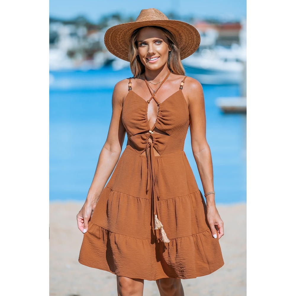 Cupshe Rust Brown Cutout Tiered Mini Dress Boho Tassel‎ XL